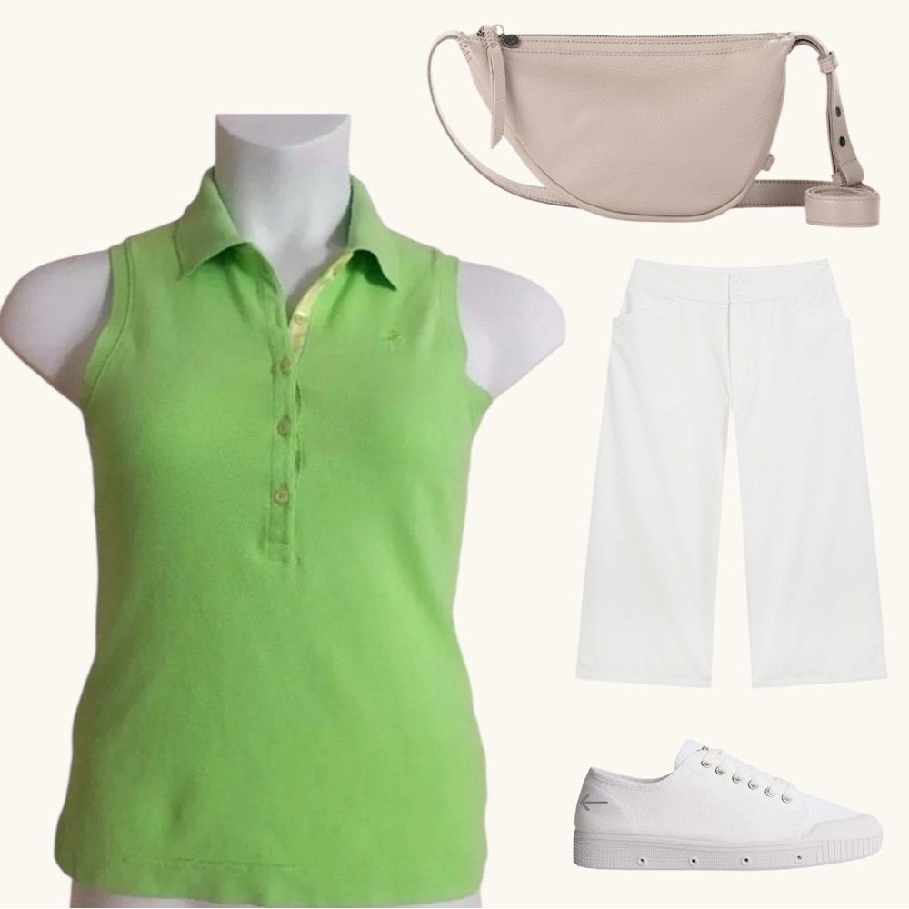 🌴 Lilly Pulitzer Chartreuse Sleeveless Piqué Polo | Ribbon Placket | Size Small